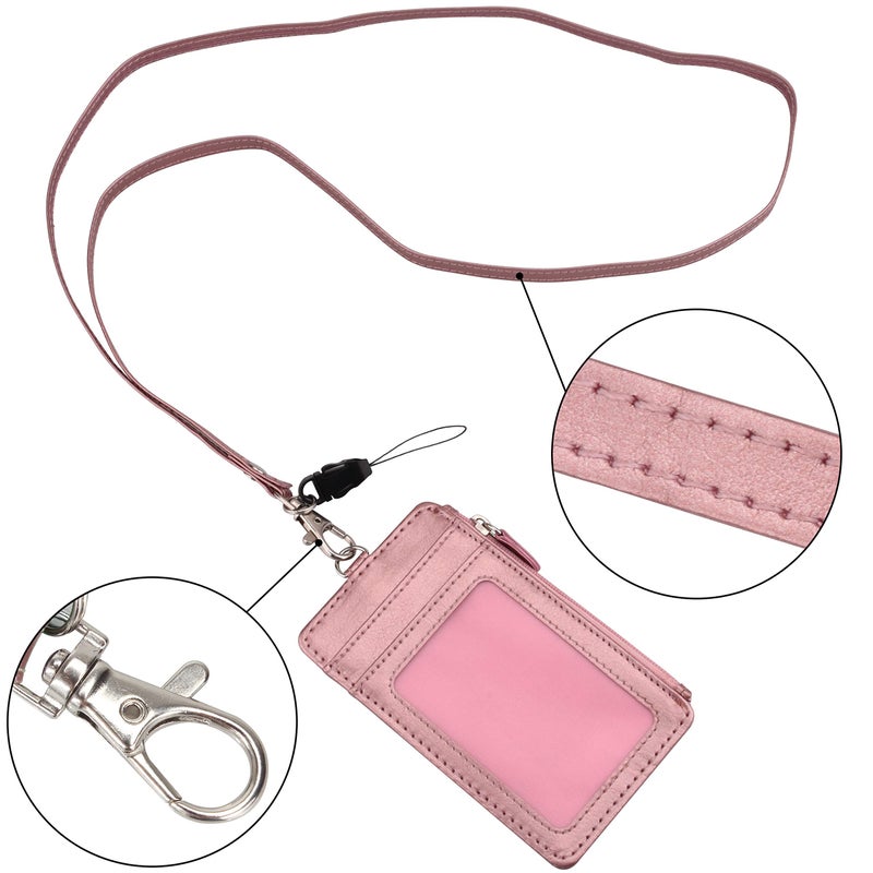 Wisdompro Badge Holder with Zip, Wisdompro Double Sided PU Leather ID Badge Card Holder Wallet Case with 5 Card Slots, 1 Side Zipper Pocket and 20 Inch Leather Neck Lanyard/Strap - Rose Gold (Vertical) - Image 3